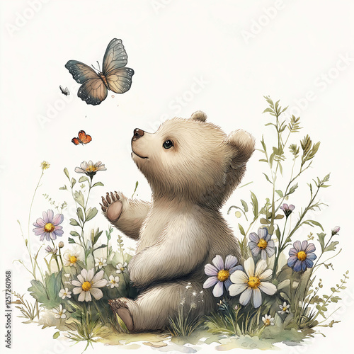 cute bear cub sitting among colorful flowers, gazing at butterflies. scene is filled with vibrant blooms and sense of wonder, capturing joyful moment in nature