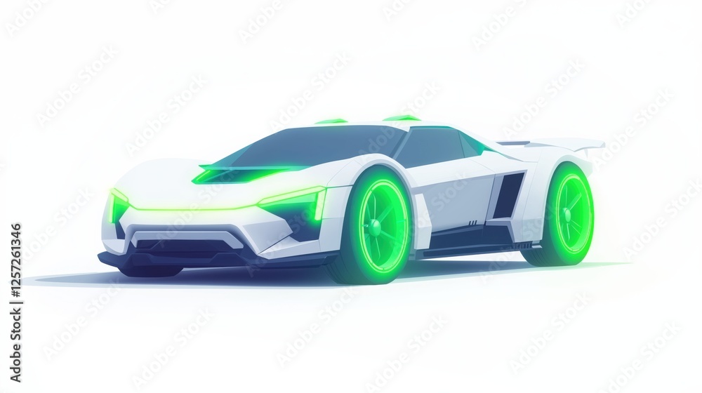 Obraz premium Futuristic sports car design with glowing green accents in a minimalist setting, 3d illustration.