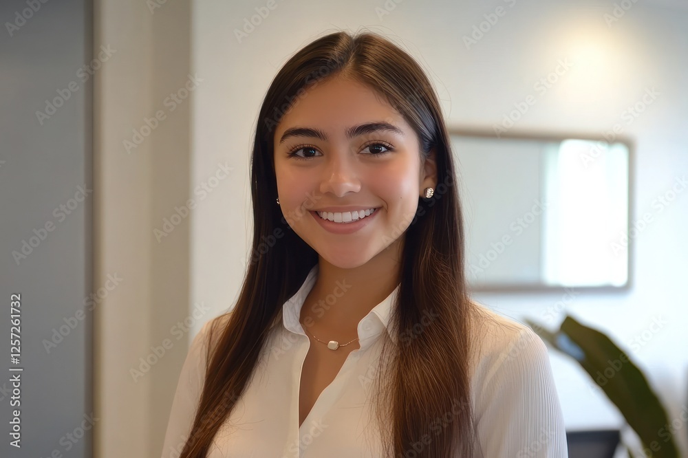 Young woman smiling in a modern office setting Young woman smiling in a modern office setting