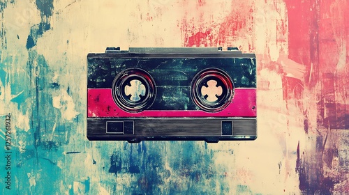 Rewind cassette tape set against a textured retro background, capturing the essence of 90s nostalgia