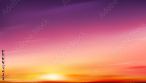 Sky Sunset,Cloud Background.Summer Sunrise sky in purple,yellow,orange over sea in morning,Vector cartoon sundown on beach in evening,Horizon beauty Spring nature of dramatic sunny.Winter climate sky