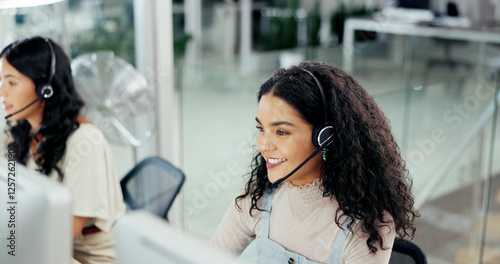 Call center, computer and smile with woman in office for flight booking, customer support and itinerary planning. Travel agent consulting, help desk and vip program with person in tour guide agency