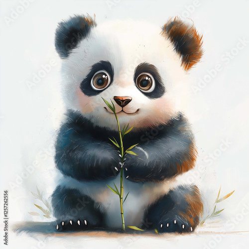 Cute panda cub holding bamboo, showcasing its playful nature and fluffy fur. adorable expression and vibrant colors create joyful atmosphere