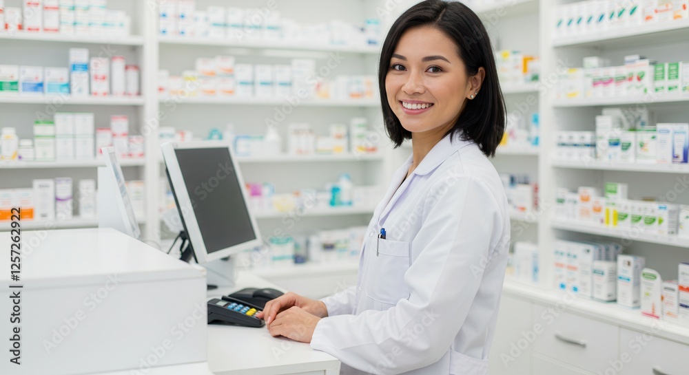 Smiling successful female chemists pharmacists druggists in white medical coats standing at the cash point desk looking at camera in pharmacy drugstore Smiling successful female chemists pharmacists druggists in white medical coats standing at the cash point desk looking at camera in pharmacy drugstore