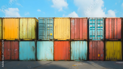 Photo Colorful Shipping Containers Cargo Freight Logistics Import Export Global Trade Dock Transportation Warehouse Storage