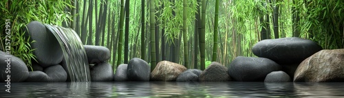 Tranquil waterfall in bamboo forest; zen garden; peaceful nature scene
