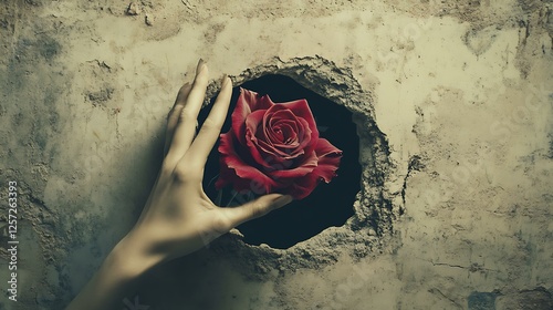 Surrealistic image of a hand reaching through a hole to grasp a rose, exploring themes of desire and entrapment
