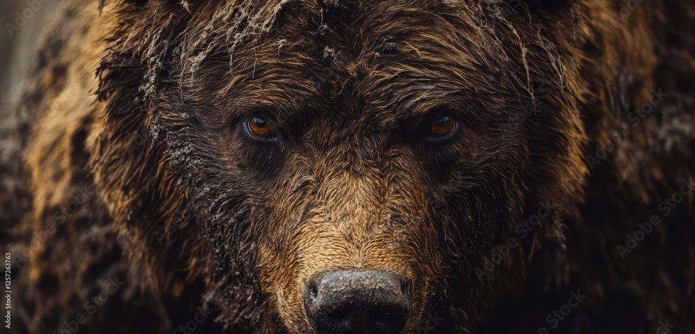 Naturalistic dark brown fur, coarse in texture, featuring rugged patterns and precise, finely detailed accents. Naturalistic dark brown fur, coarse in texture, featuring rugged patterns and precise, finely detailed accents.