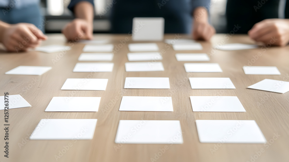 A group of people selecting index cards from a table in a collaborative workspace, focused on organizing information.
