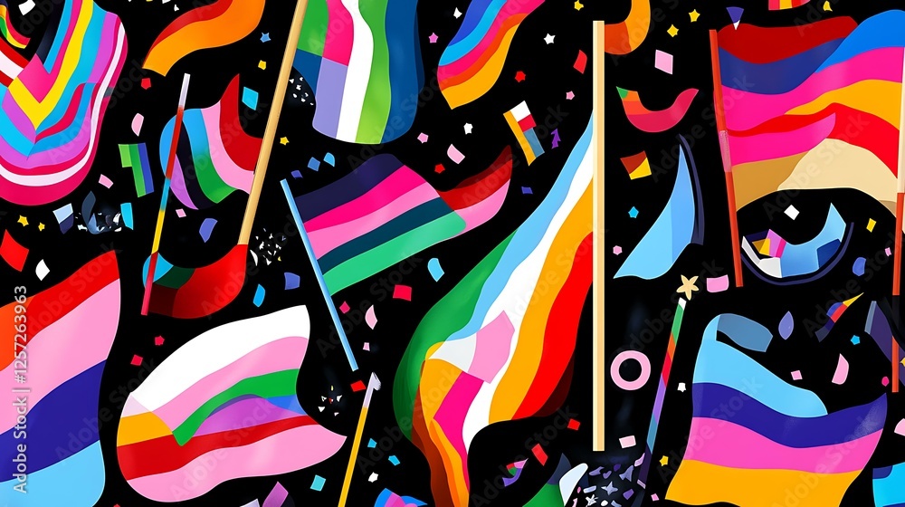Obraz premium Various LGBTQIA pride flags waving in the wind, celebrating diversity and inclusion