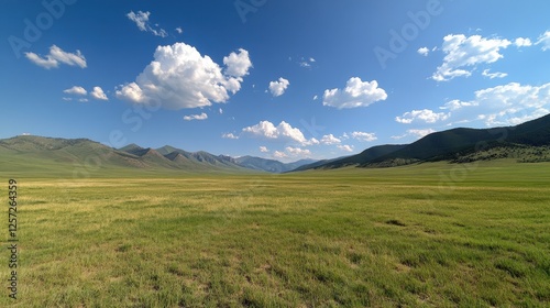 Expansive Green Meadow Under Clear Blue Sky with Soft Clouds and Rolling Mountains in Background