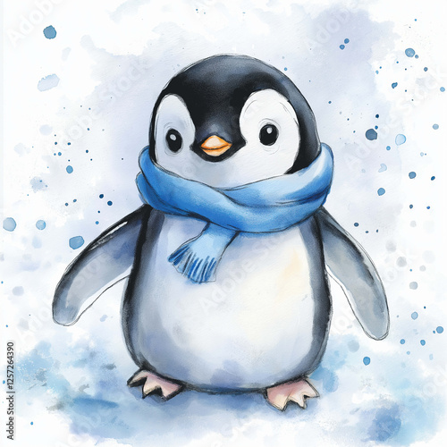 Cute penguin character wearing blue scarf, standing against snowy background. illustration features soft colors and whimsical style, evoking cheerful winter atmosphere