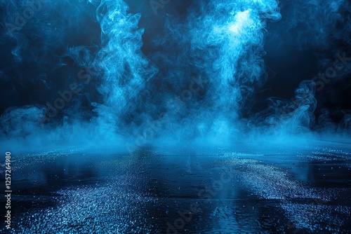 ing abstract dark empty scene blue neon searchlight light wet asphalt smoke on black background
