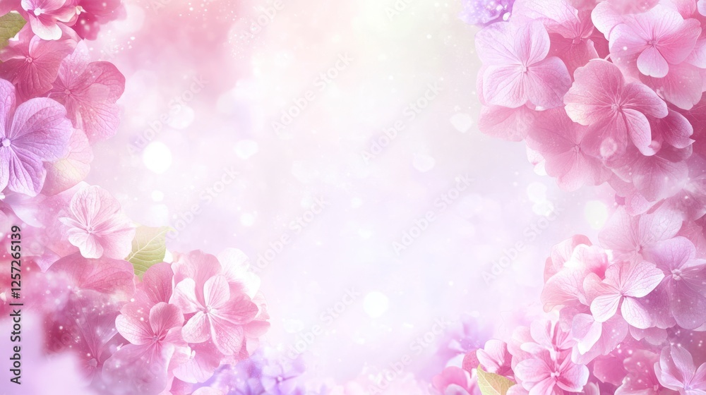 Pink and purple hydrangeas frame a soft bright ethereal space Pink and purple hydrangeas frame a soft bright ethereal space