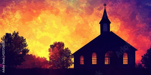 Silhouette of Church Steeple Amidst Colorful Sunset