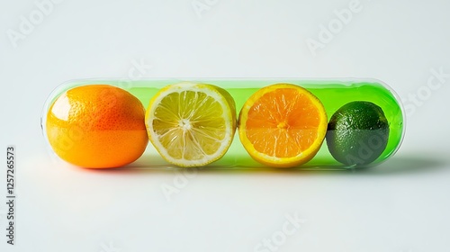 A green transparent pill containing citrus fruits, representing natural sources of vitamin C and wellness photo