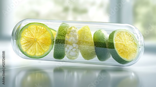 A green transparent pill containing citrus fruits, representing natural sources of vitamin C and wellness photo