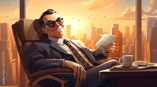 Confident man enjoying city view at sunset.