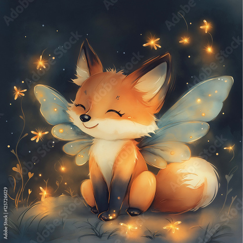 cute fox with fairy wings sits in magical forest, surrounded by glowing fireflies and flowers. enchanting scene evokes sense of wonder and joy