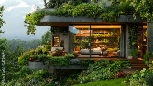 Eco-friendly house, hilltop garden, sunset view, sustainable living