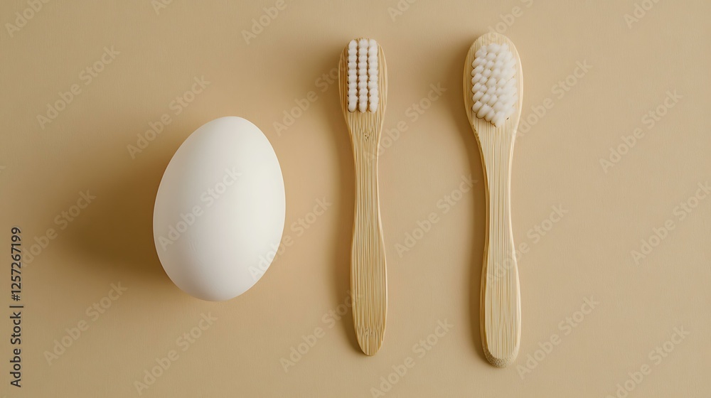 A wooden bamboo toothbrush and a white egg placed on a beige background, highlighting eco-friendly health concepts A wooden bamboo toothbrush and a white egg placed on a beige background, highlighting eco-friendly health concepts