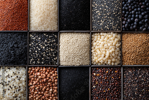 close up shot showcasing variety of grains and rice arranged in square grid patter photo