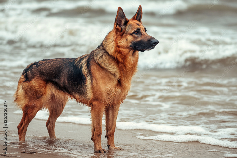 There is a dog that is standing on the sand looking up There is a dog that is standing on the sand looking up