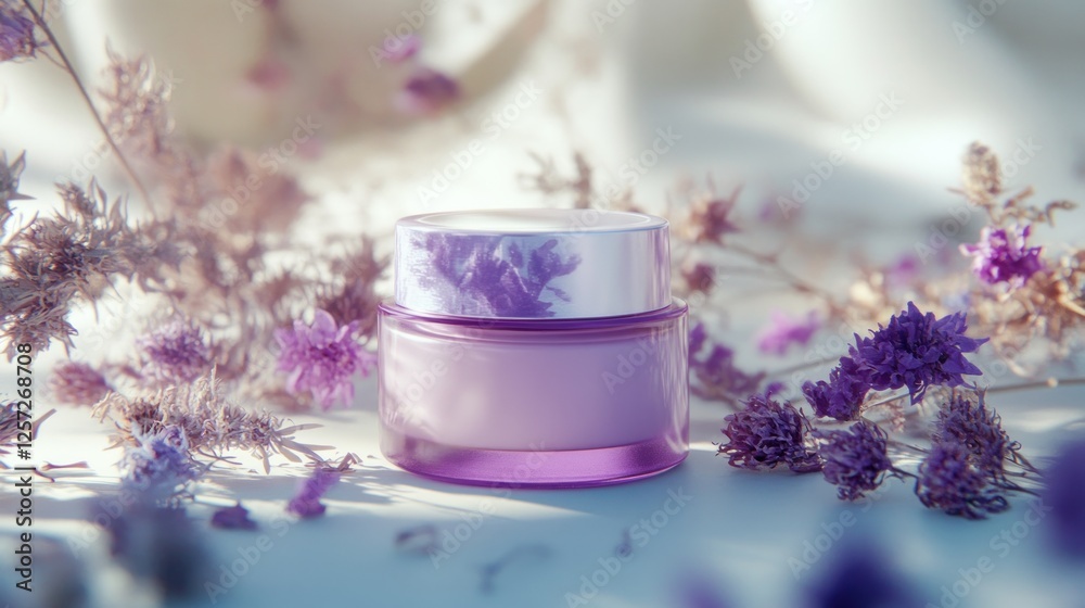 A jar of lavender cream is surrounded by dried flowers A jar of lavender cream is surrounded by dried flowers