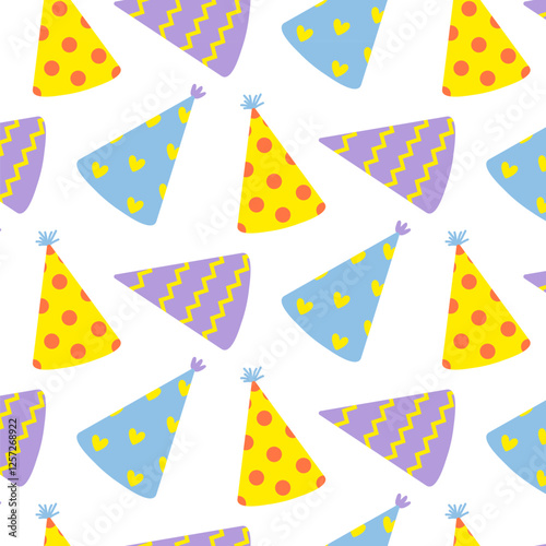 Colorful party hats in a whimsical pattern for festive celebrations and events