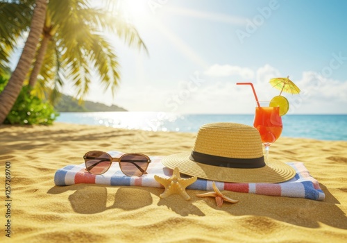 Fototapeta Naklejka Na Ścianę i Meble -  Tropical beach relaxation: sunglasses, straw hat, and refreshing cocktail under palm trees