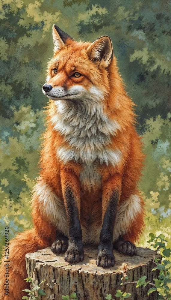 Fototapeta premium Realistic fox sitting on a tree stump with a lush background 