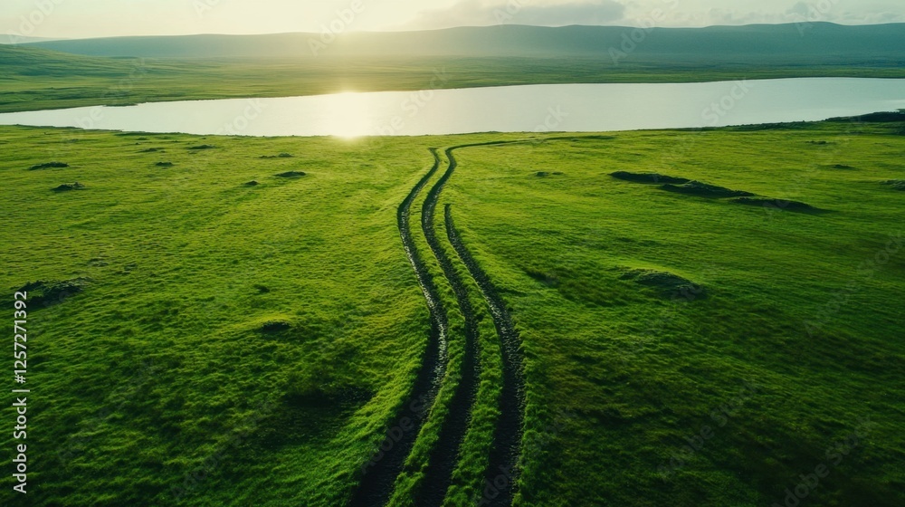 Fototapeta premium A beautiful green meadow leading to a calm, reflective lake at sunrise