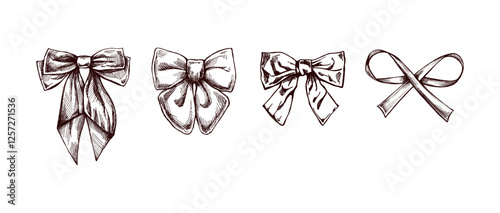 Vintage bow hand drawn sketch set in engraved style