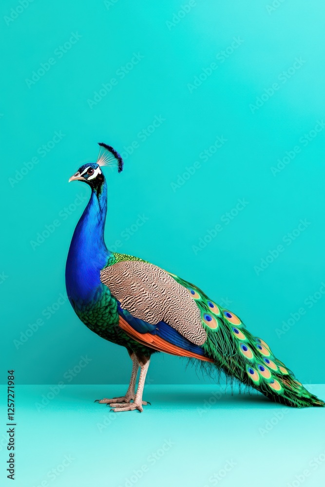 Fototapeta premium Peacock with vibrant, glowing feathers on a gradient teal background