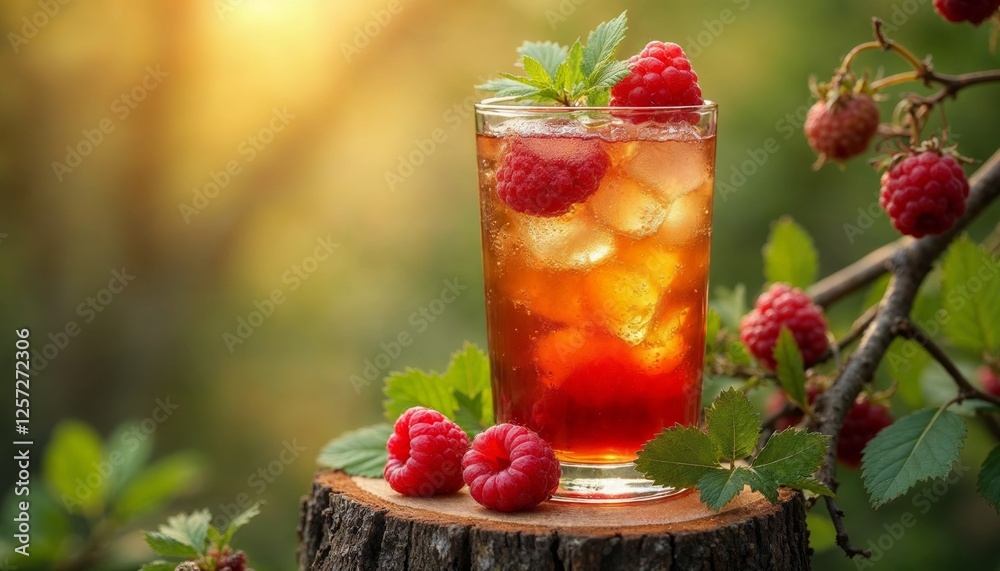 Refreshing Raspberry Iced Tea, Summer Beverage on Wooden Slab Background Refreshing Raspberry Iced Tea, Summer Beverage on Wooden Slab Background