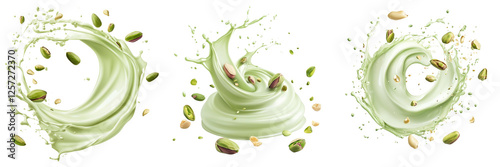 Set of Pistachio nuts falling into a splash of milk on a transparent background, creating dynamic motion with droplets and milk splashes on transparent png background. Ai generated