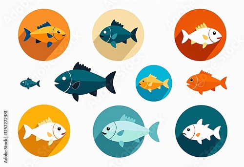 Fish Icons in Circles: Vector Set of Round Aquatic Animal Symbols, Flat Design for Seafood, Fishing, and Aquarium Themes, Perfect for App Design, Web Graphics, and Marine Biology.

