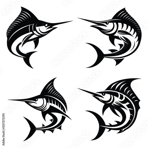 Four Black and White Marlin Fish Designs for Graphic Design