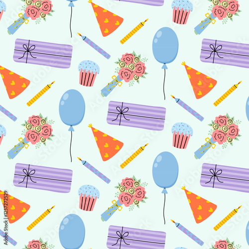 Colorful celebration pattern with balloons, cakes, and flowers suitable for party decorations