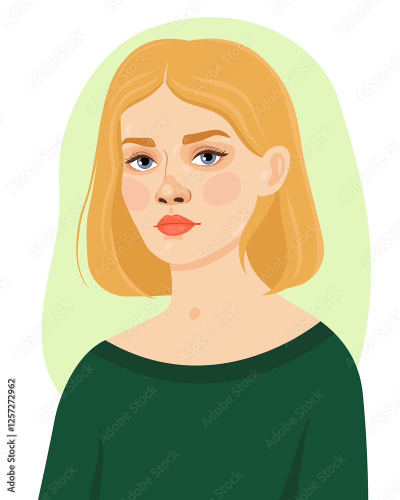 Portrait of a young woman with short blond hai and blue eyes. Women's day. Pretty european girl. Vector illustration. Portrait of a young woman with short blond hai and blue eyes. Women's day. Pretty european girl. Vector illustration.