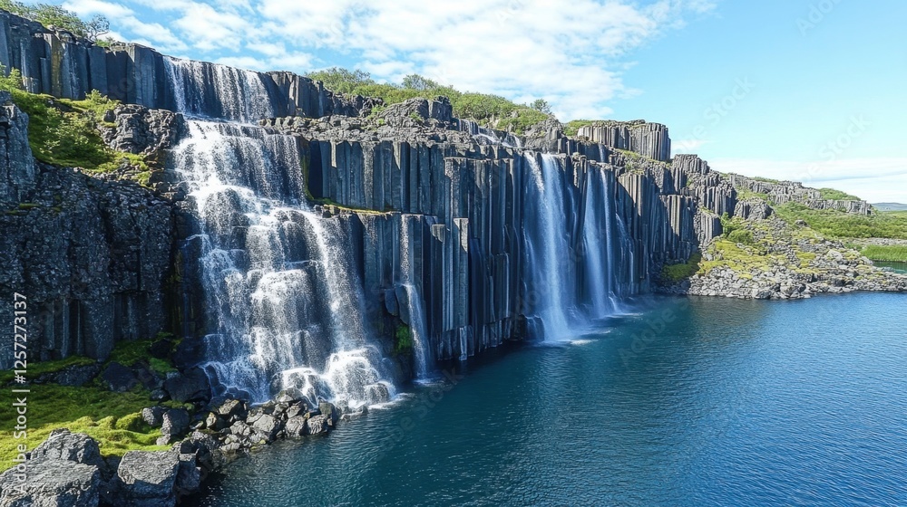 Naklejka premium A magnificent multi-layered waterfall cascading over rocky ledges into a deep blue lake