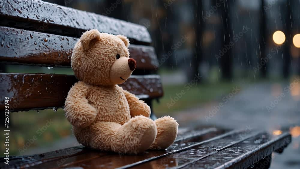 Teddy bear sitting on wet bench in the rain, sad loneliness concept, for children's emotion, nature design, horizontal video