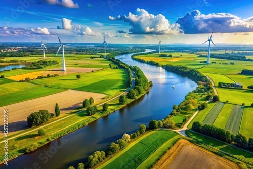 Arnhem's IJssel River, July 2024:  wind turbines punctuate the aerial view of the Netherlands' landscape near Westervoort. photo