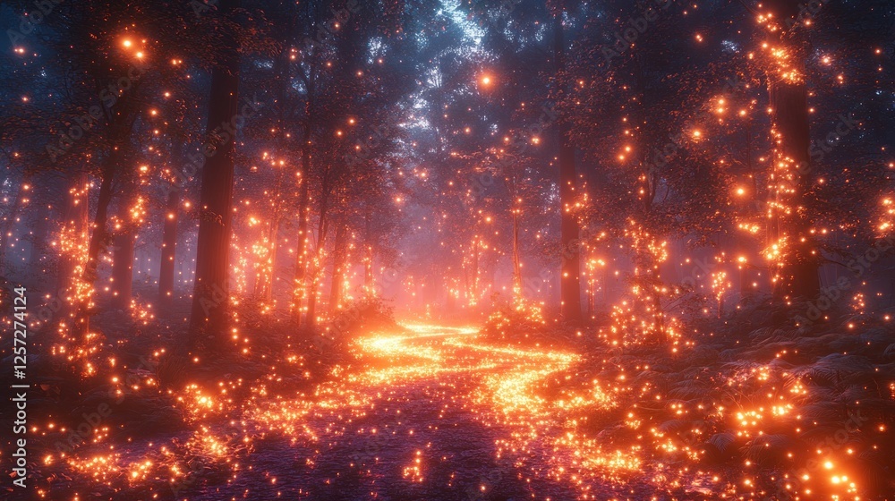 Enchanted forest path illuminated by glowing particles, creating a magical atmosphere at dusk Enchanted forest path illuminated by glowing particles, creating a magical atmosphere at dusk