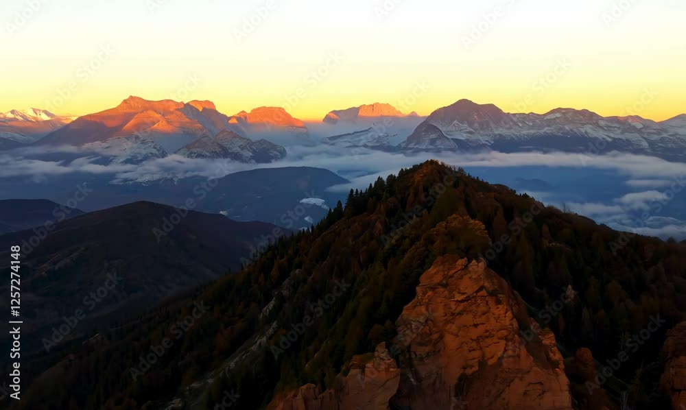 stunning aerial view of mountain range glowing at sunset stunning aerial view of mountain range glowing at sunset
