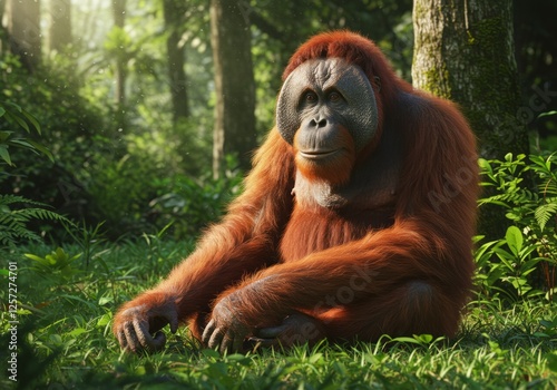 Orangutan in Lush Rainforest Sunlight Wildlife Photography