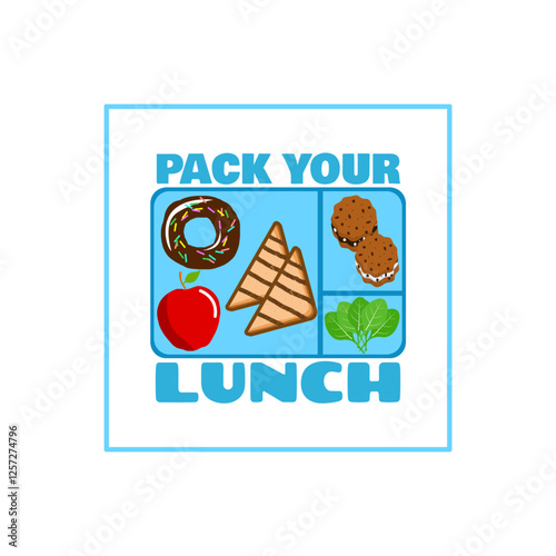 National Pack Your Lunch Day to celebrate on March 10th. A lunch box containing donuts, sandwiches, apples, cookies and vegetables with bold text in frame on white background. Food event banner.