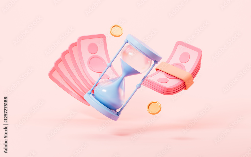 Obraz premium Cartoon sand clock and money, time and money concept, 3d rendering.
