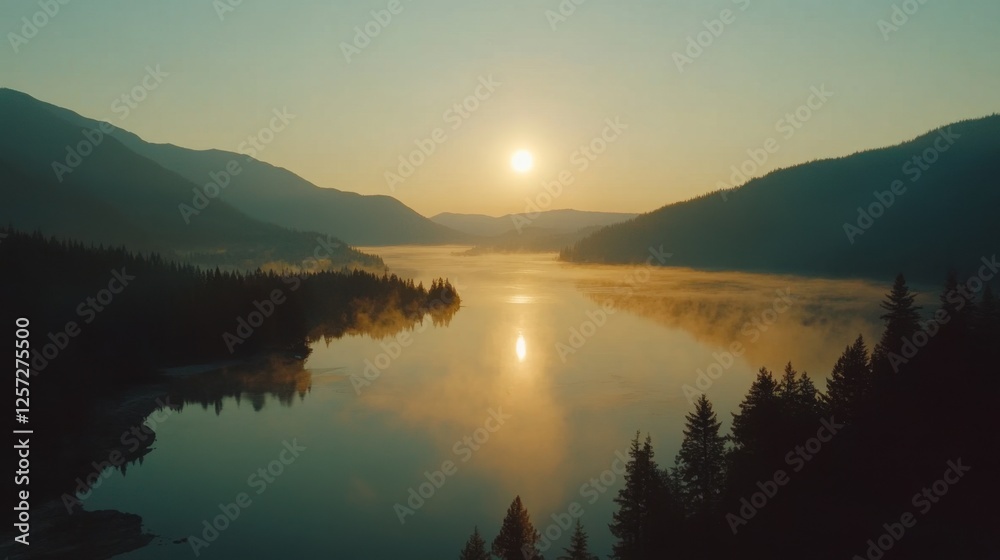 Fototapeta premium A sunrise over a peaceful lake with delicate mist rising from the surface