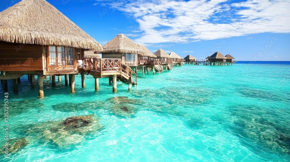 A tropical beach with overwater bungalows stretching out into the turquoise sea A tropical beach with overwater bungalows stretching out into the turquoise sea
